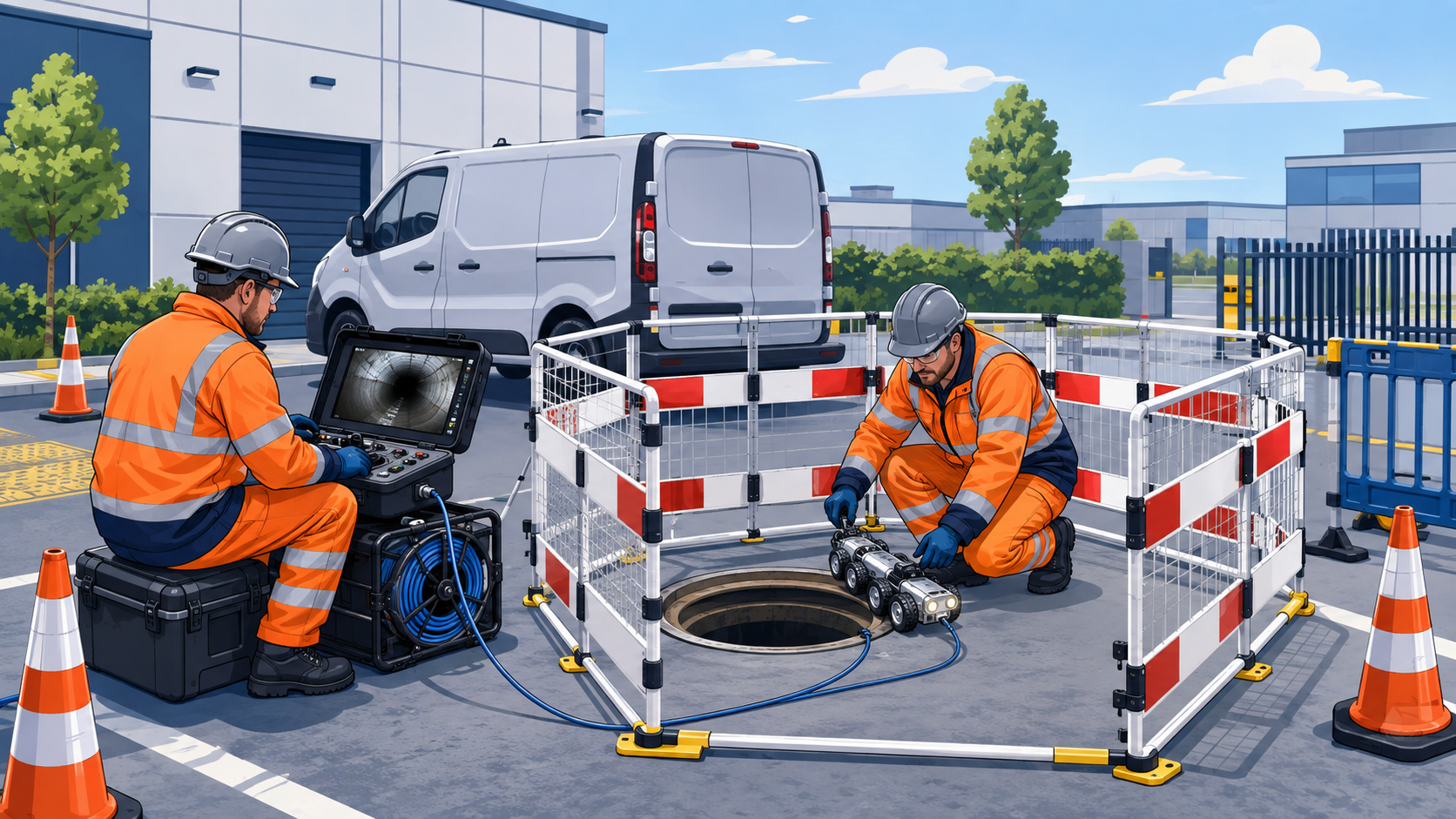 Drainage engineers conducting a commercial CCTV crawler survey with a secure safety barrier