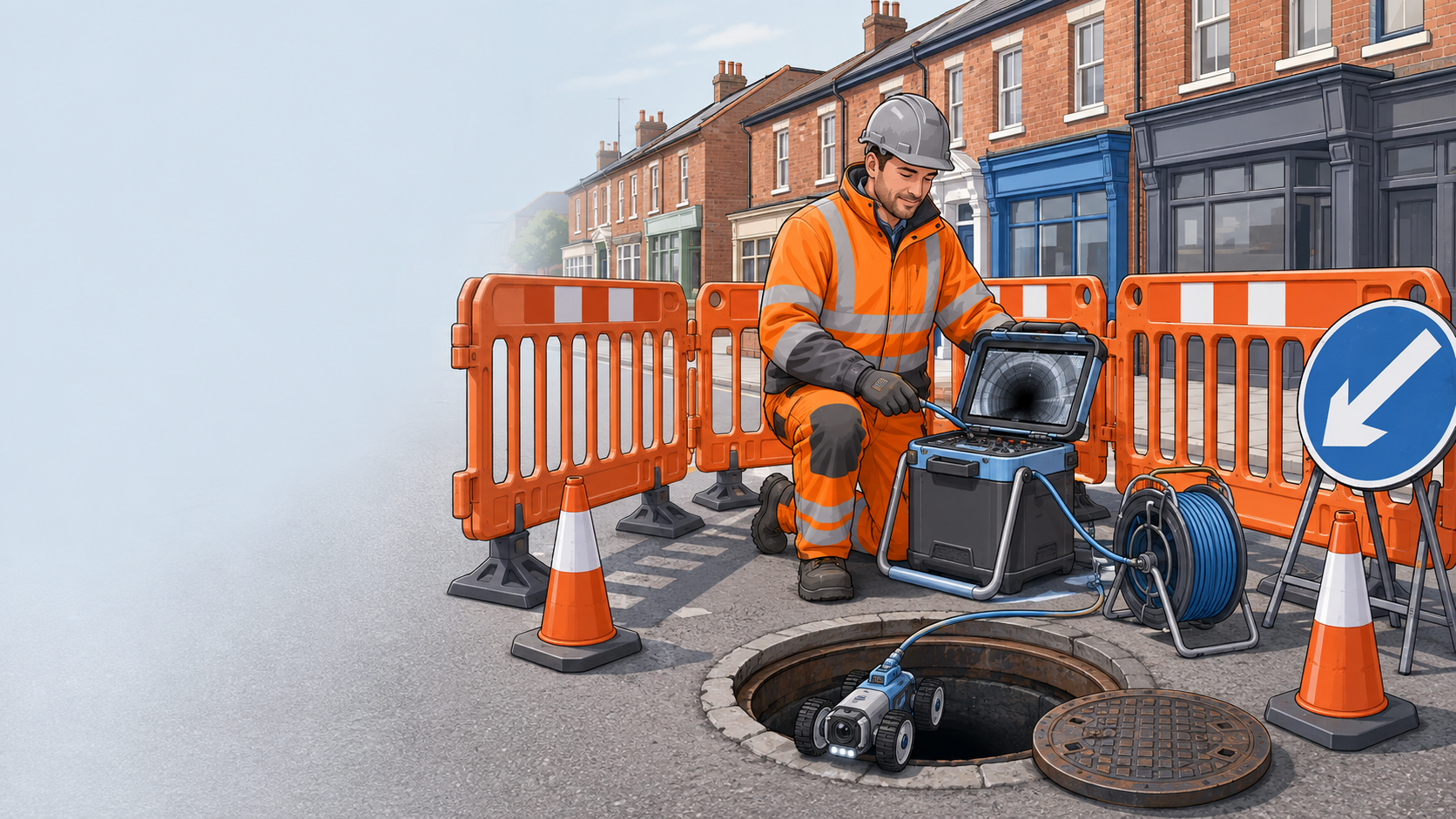 Drainage engineer in high-visibility PPE operating CCTV crawler equipment behind a Chapter 8 safety setup